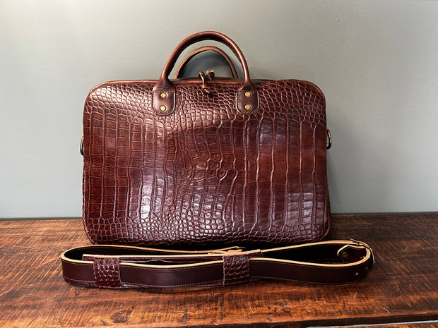 Jack Foster Briefcase in Embossed Alligator Print Dark Cognac