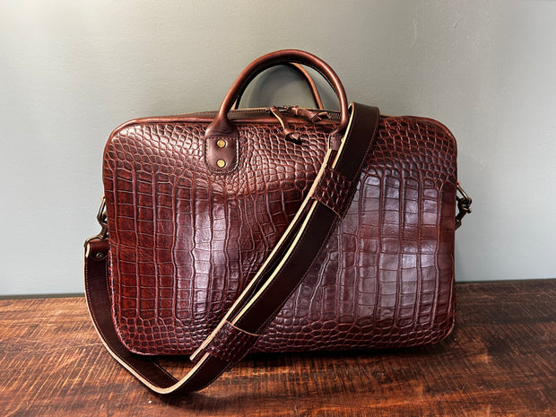 Jack Foster Briefcase in Embossed Alligator Print Dark Cognac