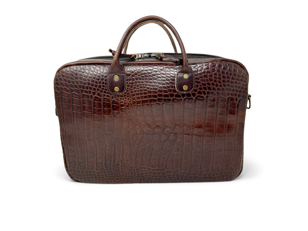 Jack Foster Briefcase in Embossed Alligator Print Dark Cognac