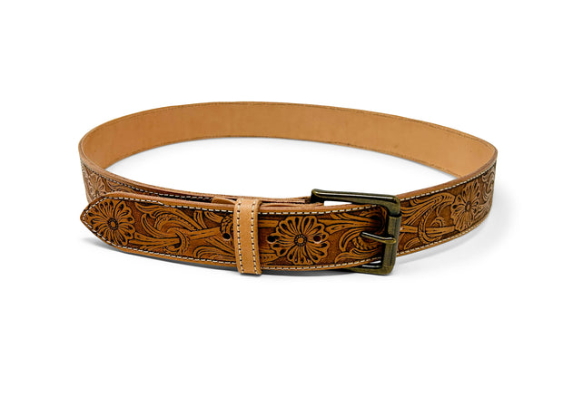 Handmade Leather Belt | Natural Veg Tan | Tooled Floral