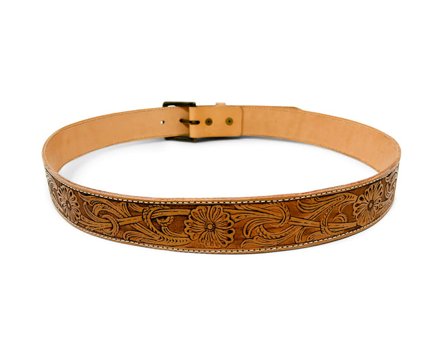 Handmade Leather Belt | Natural Veg Tan | Tooled Floral