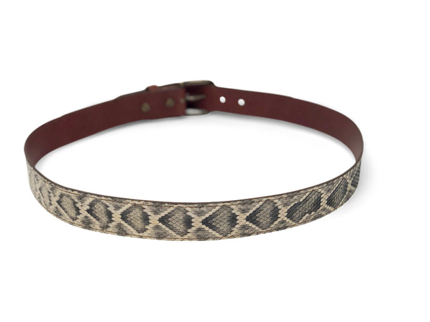 Handmade Leather Belt | Diamondback Rattlesnake | Brown English Bridle Accents