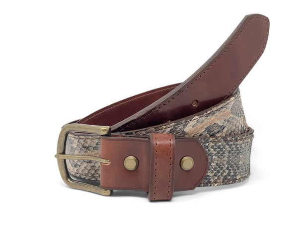 Handmade Leather Belt | Canebrake Rattlesnake | Brown English Bridle Accents