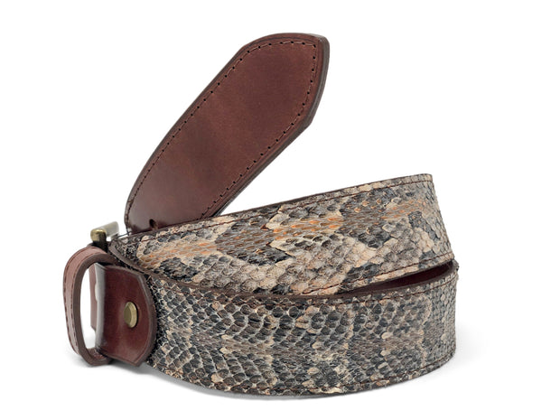 Handmade Leather Belt | Canebrake Rattlesnake | Brown English Bridle Accents